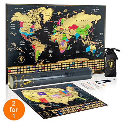 Scratch Off World Map Poster WITH Map of United States - Vibrant Colors | Wall |