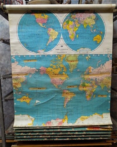 Weber Costello Champion World Political Map Canvas Classroom Pull Down Vintage