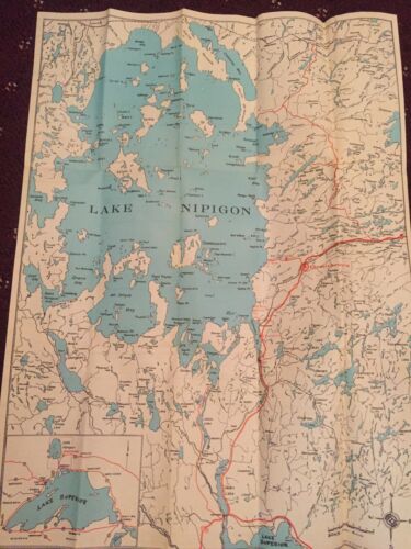 Vtg 1950’s Lake Nipigon Ontario Tourist Vacation Map Lots Of Advertising Unique