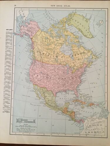 RAND MCNALLY ANTIQUE 1909 NORTH AMERICA MAP