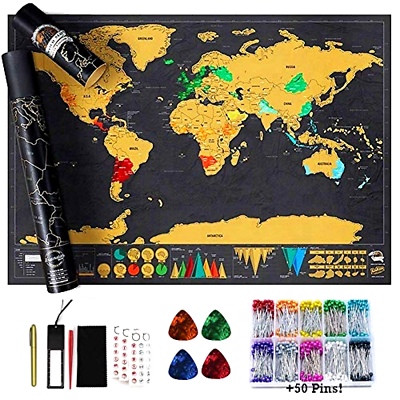 Scratch Off Map Of The World Travel with Scratching Tools 50+ Multi-Colored Pins