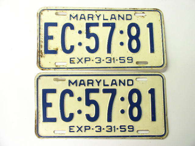 1958 - 1959 Pair Maryland License Plates Md Blue & White EC:57:81