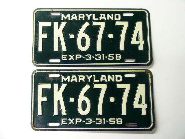 1957 - 1958 Pair Maryland License Plates Md Green & White FK:67:74