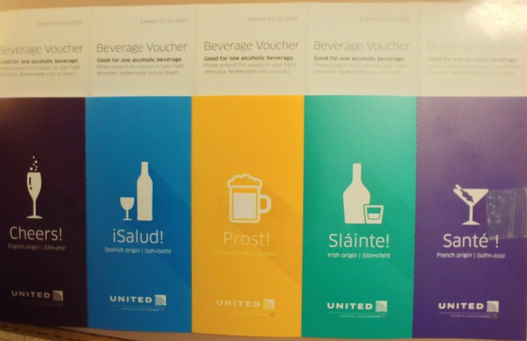 10 United Airlines Beverage Vouchers at 50% Off, expiration 1/31/2020, free-ship