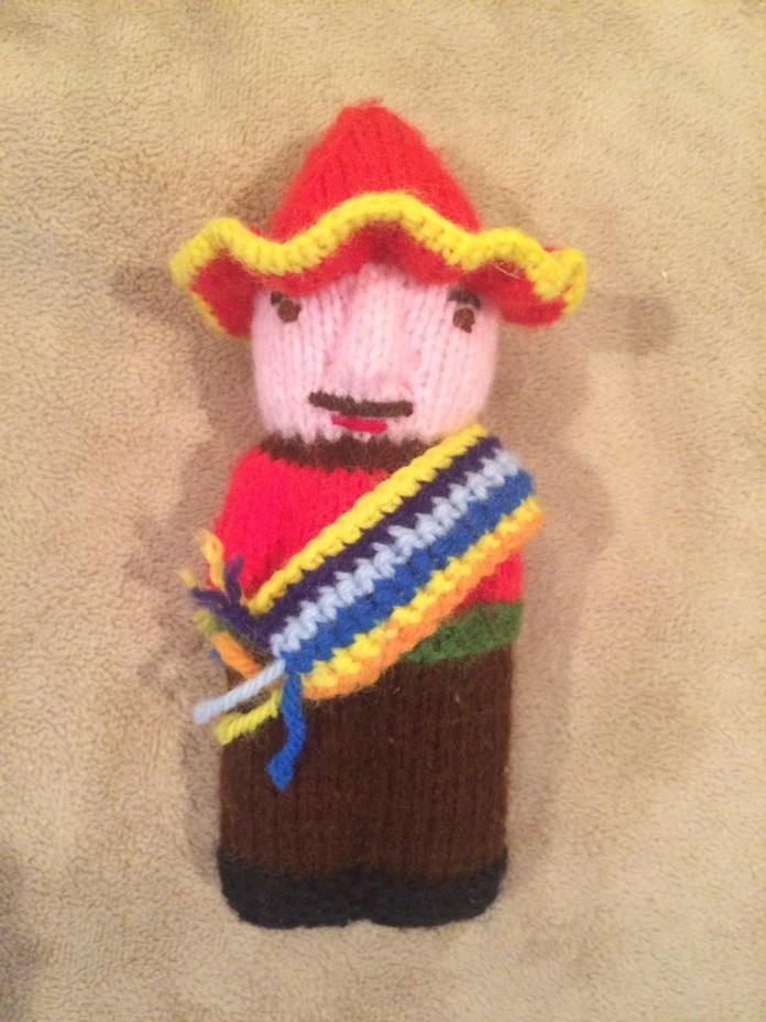 Vintage~Hand Knit~Plush~Man~Sombrero~Stuffed~8