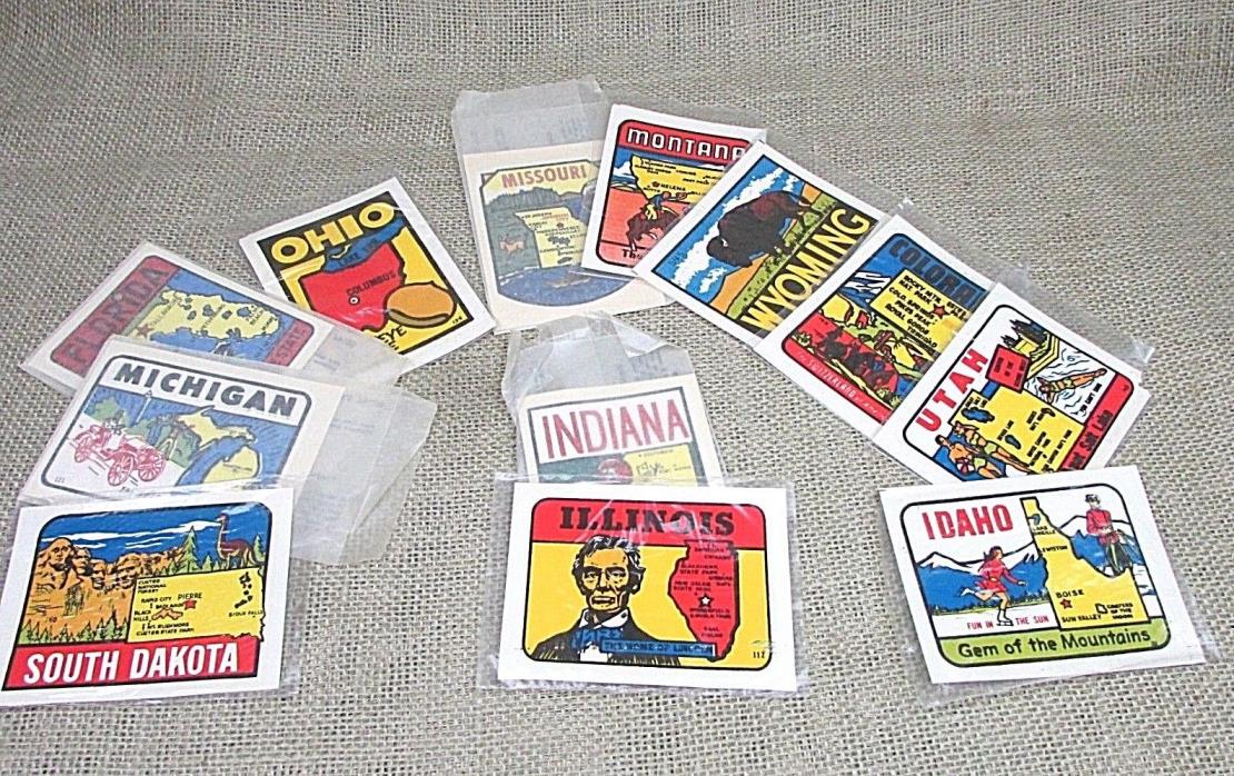 Lot of 12 vintage auto window travel decals NOS FREE US Shipping