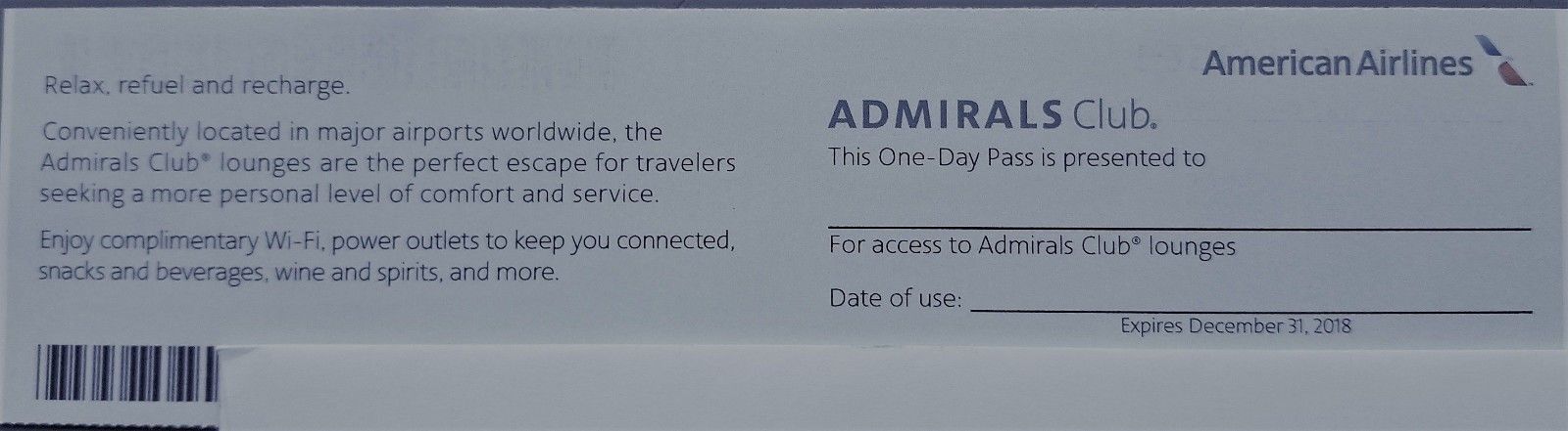 American Airlines Admirals Club One-Day Pass - Expires December 31, 2018