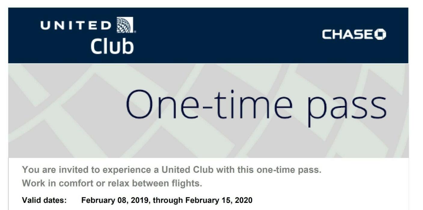 Two (2 x) United Airlines UA Club One-Time Passes E-Delivery (Expires 2/15/2020)
