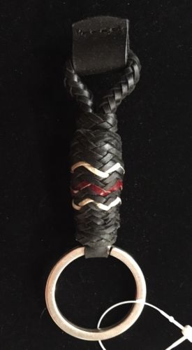 Black Braided Rawhide Key Ring With Red & Natural Accent  **Double S**