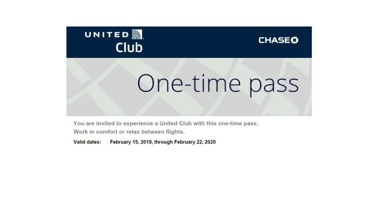 Two (2) United Airlines Club Lounge One-Time Pass EXP 02/22/20  E-mail delivery