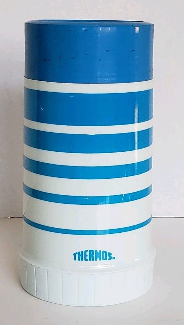 Blue White Ringed Thermos 8.5 X 4 Inches vintage with cup