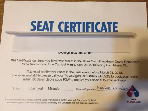 Final Table Seat to the Carnival Cruise 3 Card Poker Tournament on April 28th
