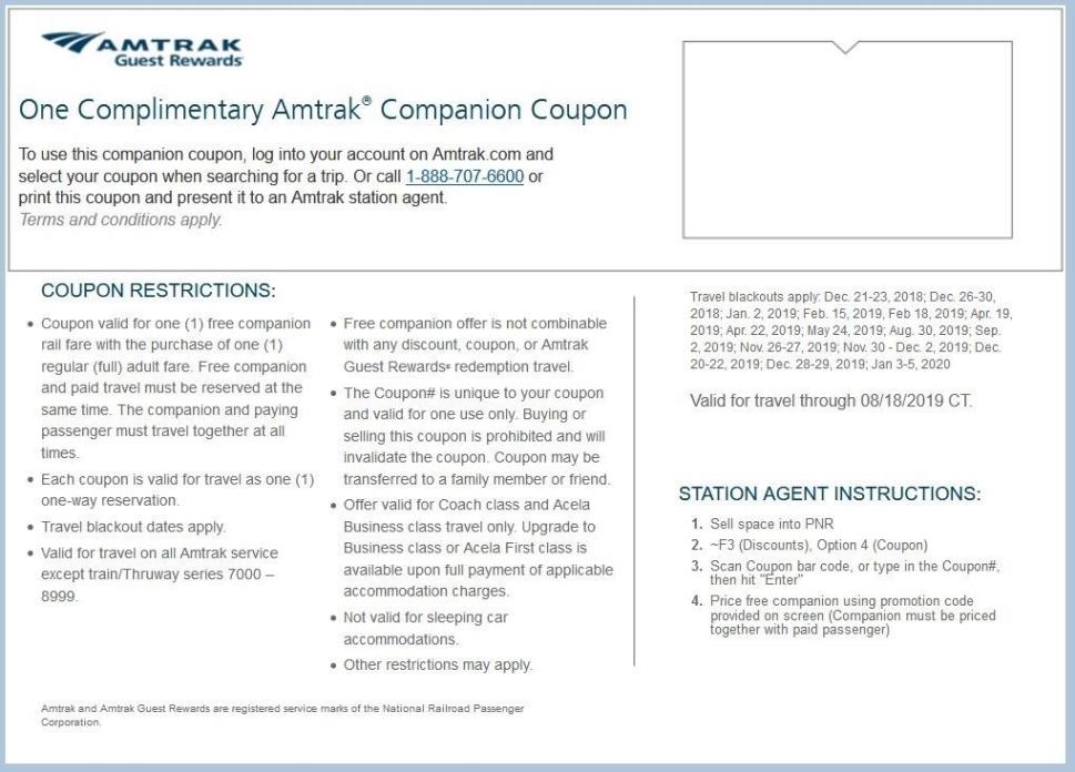Amtrak Companion Coupon can be used on 2 related one-way bookings until 8/18/19