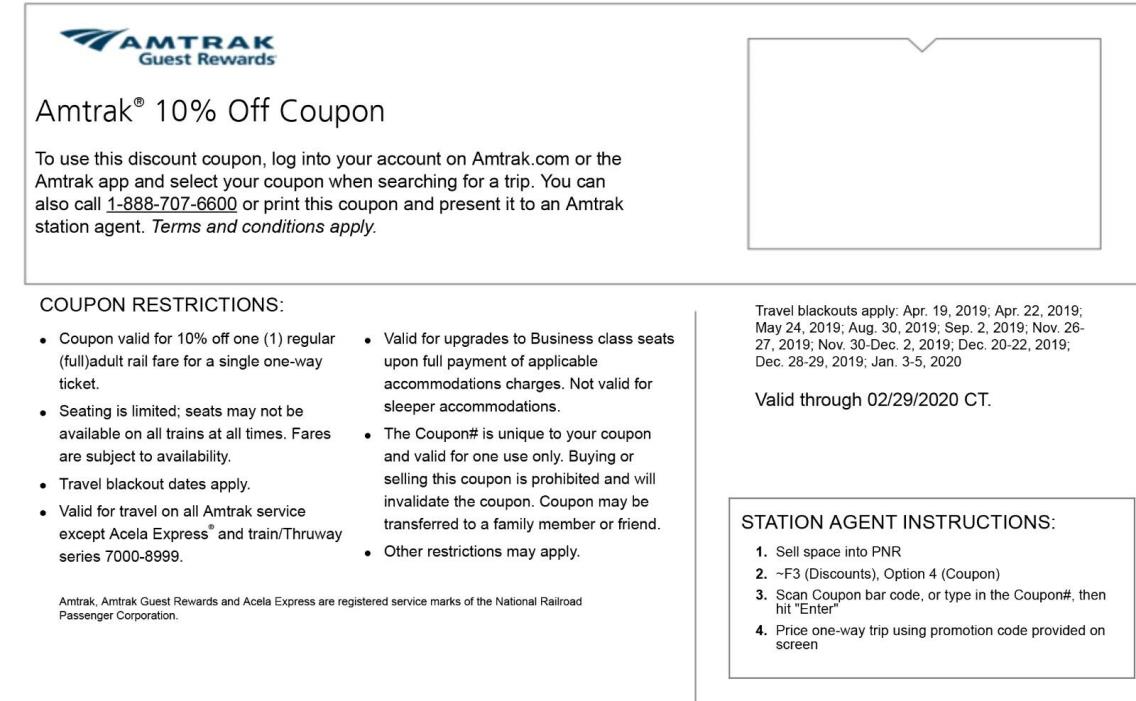 Amtrak 10% Off Coupon - Expire 02/29/2020