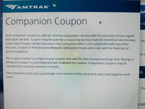 Amtrak Companion Coupon, Expires 10/28/2018