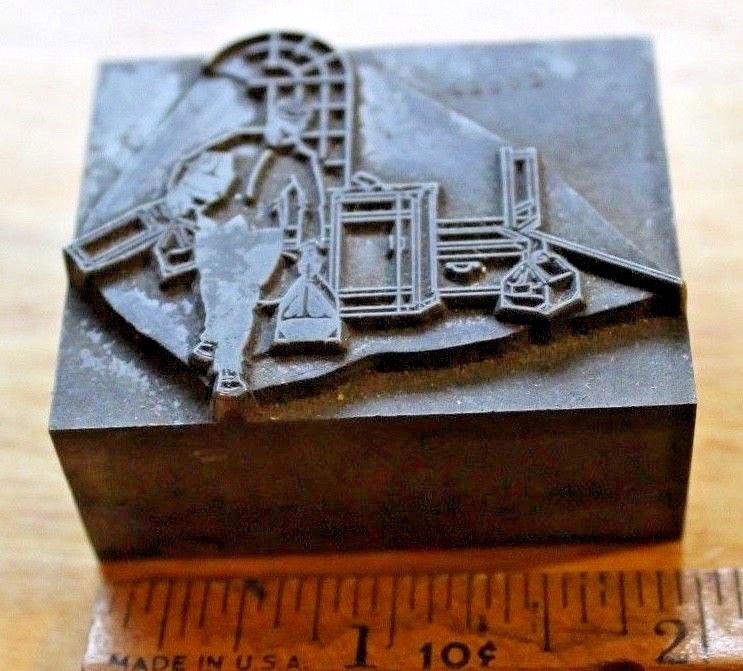 Vintage Metal Print Block  Sky Cap w/ Luggage at a travel terminal