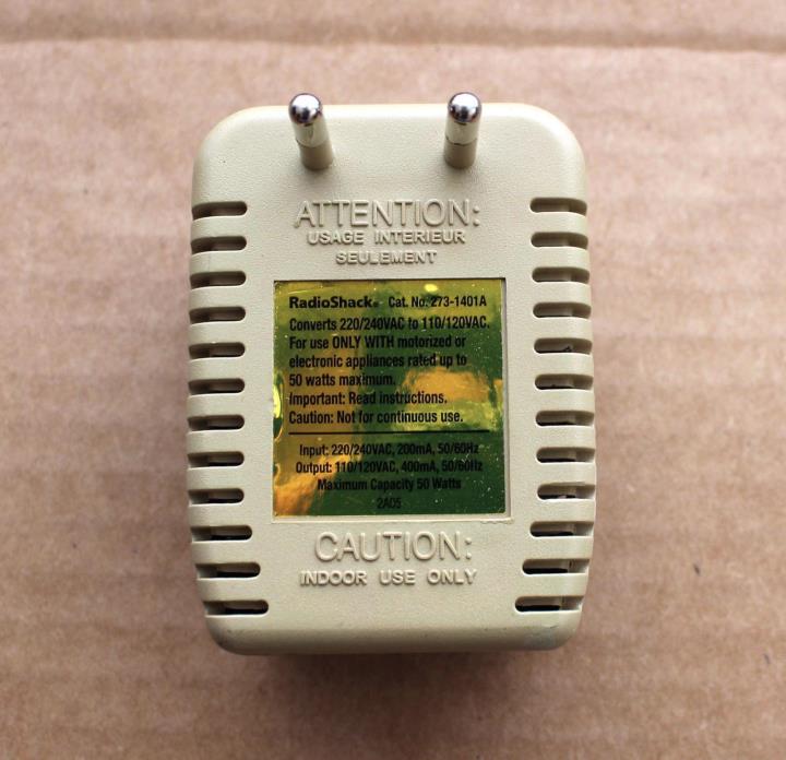Radio Shack Converter Cat. No. 273-1401A Converts 220/240VAC to 110/120VAC.