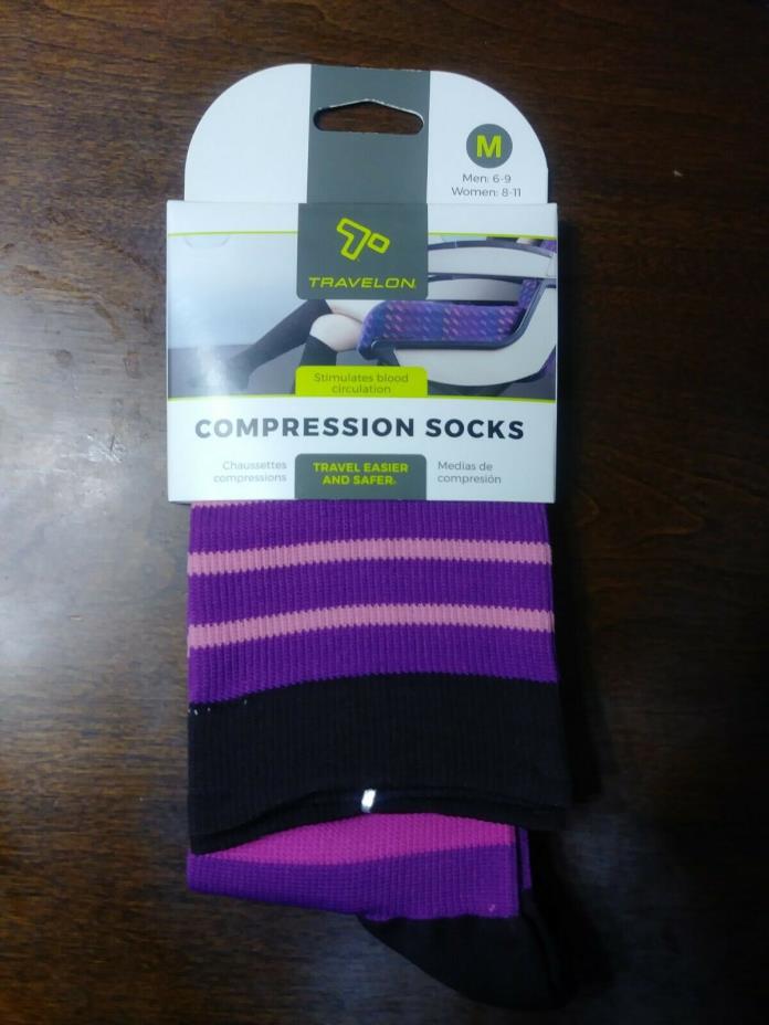 New Travelon Striped Compression Socks, Medium Women 8-11, Men 6-9