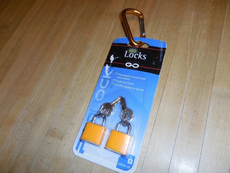 Glo Locks Brass Luggage Padlocks, extra keys, + Key chain clip. New!