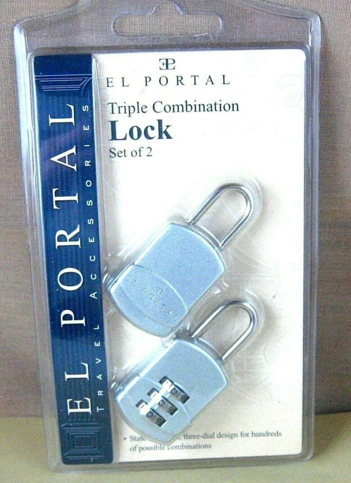 NEW El Portal Pkg of TRIPLE COMBINATION LOCKS (2 locks) Silver Travel Luggage