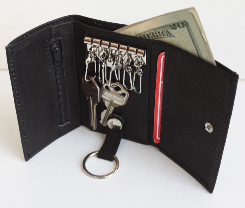 BLACK GENUINE LEATHER KEYS CASH Chain Slim Holder Wallet Case USA Seller