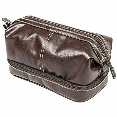 Mens Toiletry Bags Bottom Zip Bag, Vegan Leather Top Frame Travel Kit, Brown