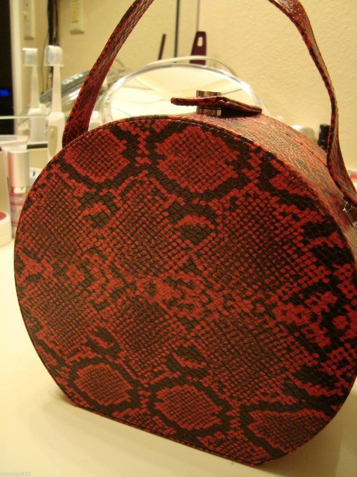 Round Makeup Case with handle Red Faux Snake