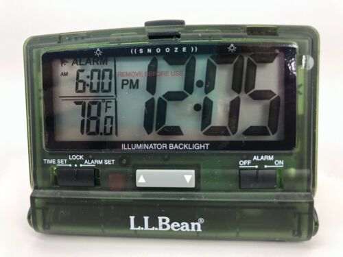 LL Bean Travel Alarm Clock Green Clear Case with temperature display, snooze