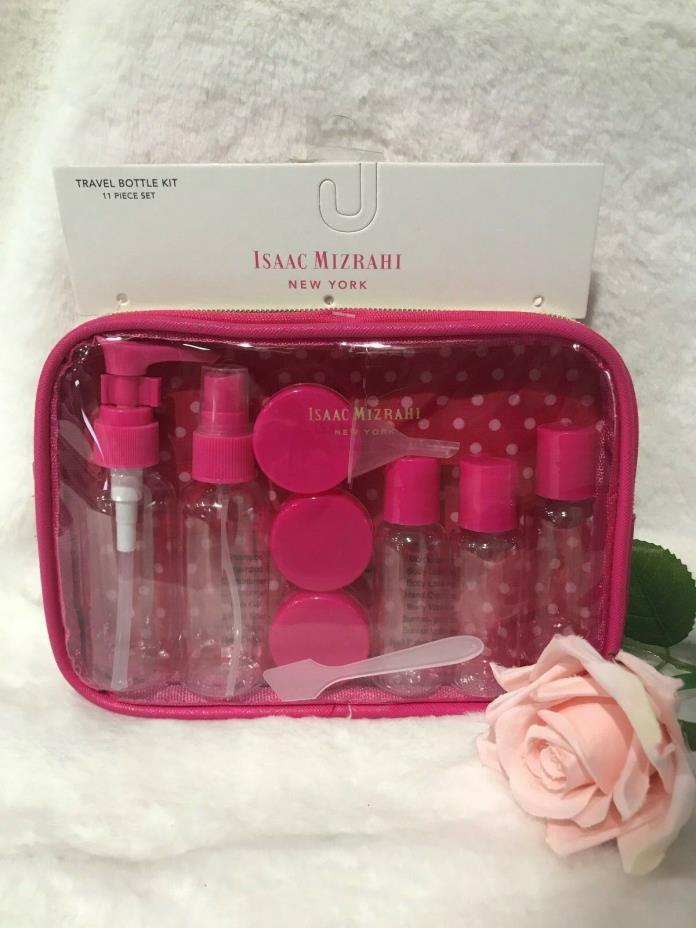 Isaac Mizrahi New York 11 piece Set TRAVEL BOTTLE KIT pink clear bag jars