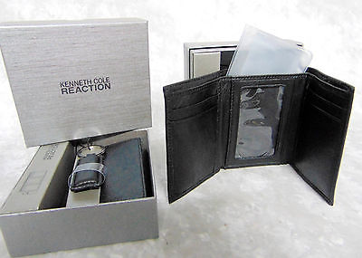 NEW Mens Kenneth Cole Reaction Black LEATHER TRI FOLD WALLET & KEY CHAIN Fob NIB