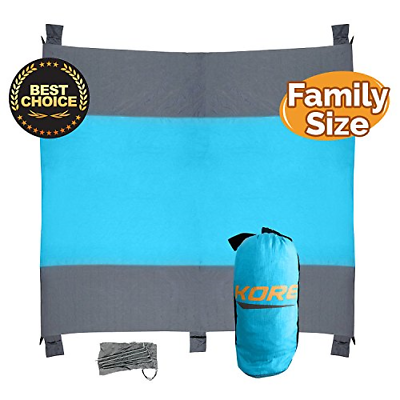 Kore Beach Blanket, Family Size 10'x9', 5 Sand Pockets+4 Anchor Loops&Stakes,