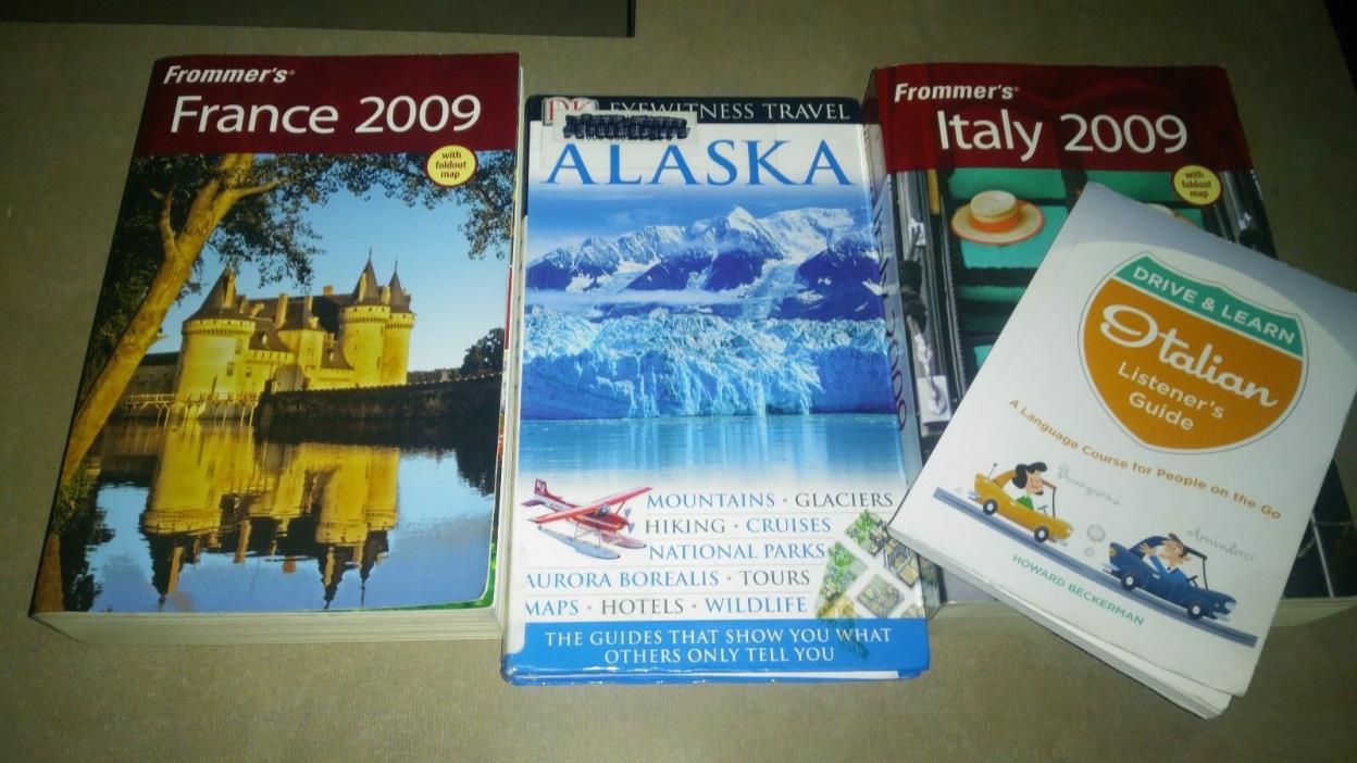 Travel Guide Books: Italy+France+Alaska plus bonus ITALIAN listeners phrase gude