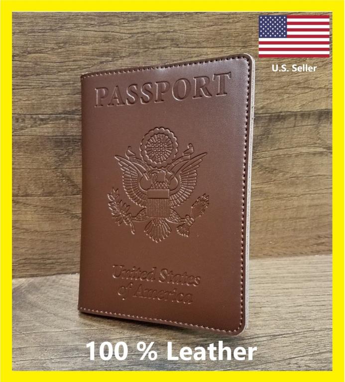 100% Leather United States Embossed Passport Wallet US Seller