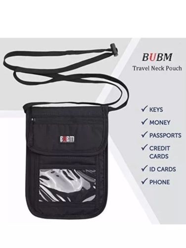 BUBM Unisex Travel Neck Pouch Wallet W/ RFID Blocking Passport Holder Black New