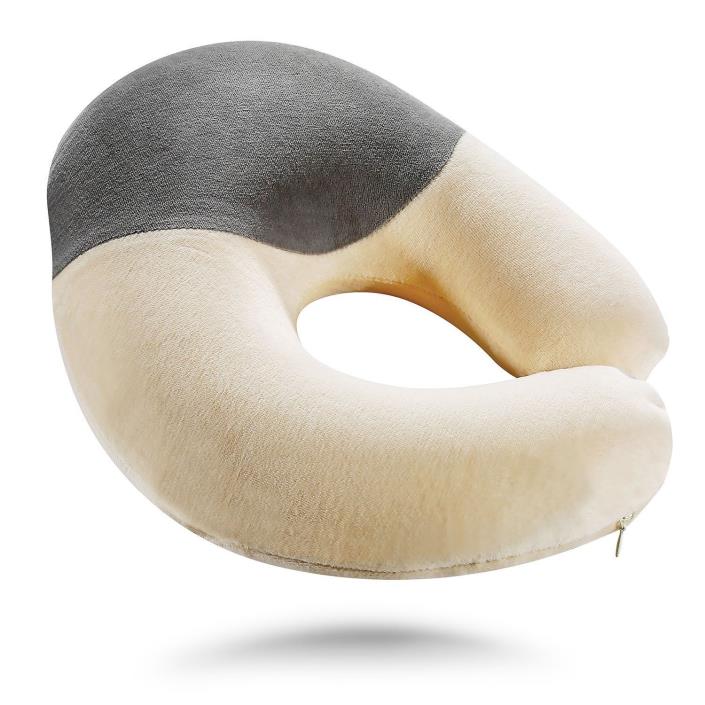 Travel Neck Pillow-Memory Foam-Removable Case - Grey and Beige
