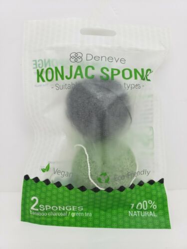 2Pcs 2 packs DENEVE Konjac Sponges Bamboo Charcoal/Green Tea, 100% Natural, NIP