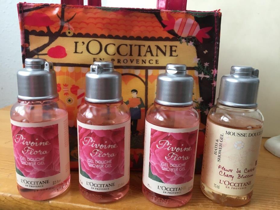 L'Occitane  Shower Gel (3) Pivoine Flora Peony w/ Bag, (1) Cherry Blossom 2.5 oz