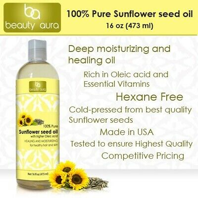 Beauty Aura 100% Pure Sunflower Oil, 16 Fl Ounce - Cold Pressed & Hexane Free