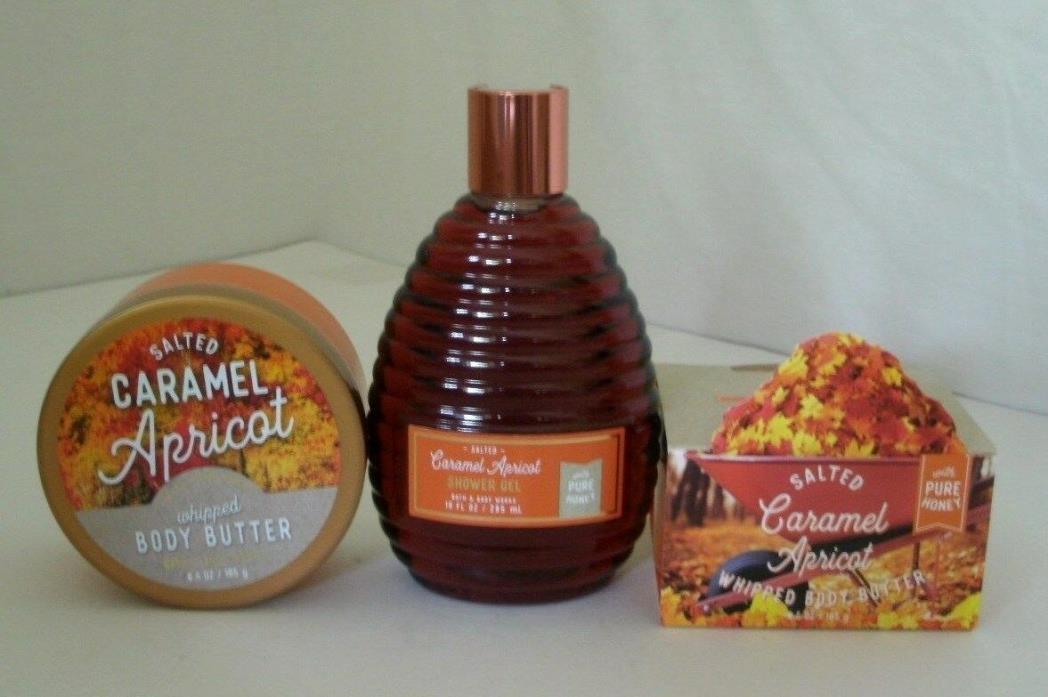 3 Pc Bath & Body Works Salted Caramel Apricat Shower Gel Whipped Body Butter Lot