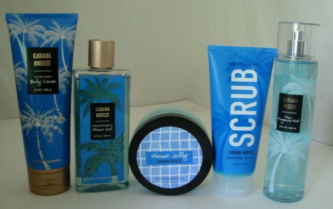 5 Pc Bath & Body Works Cabana Breeze Mist Cream Gel Shower Jelly Scrub Lot