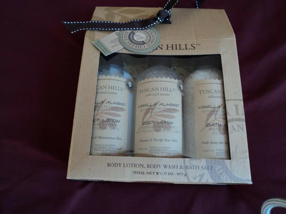 Tuscan Hills Vanilla Almond Bath Gift Set Lotion , Body Wash, Bath Salt   NEW