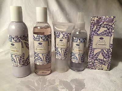 Lavender Bath Gift Set Lotion Gel Satin & Mesh Cosmetic Bag 6 pc NEW