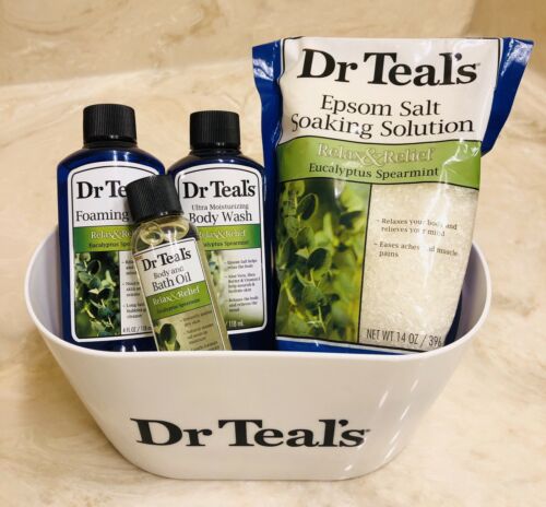 Dr Teal’s 4 Piece Relax & Relief Bath Gift Set With Bucket.  New And Sealed!