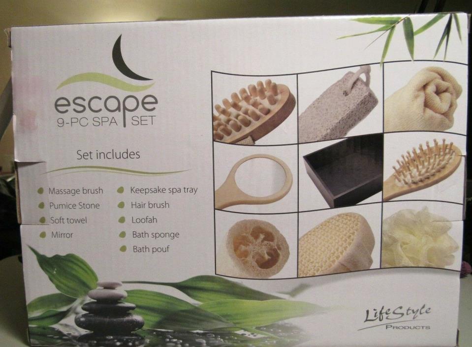 LifeStyle Products Escape 9-PC Spa Set - Pumice Stone-Loofah-Massage Brush  NIB
