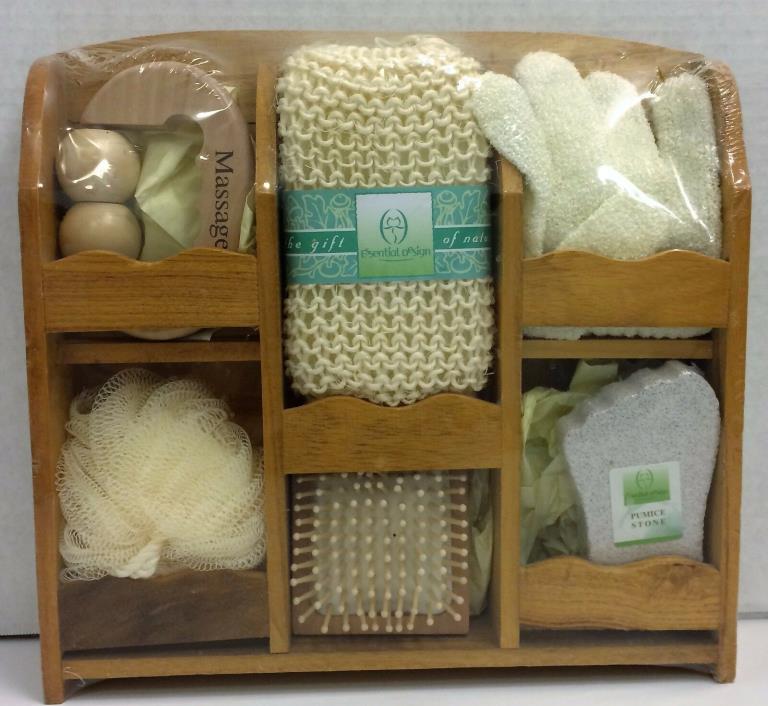 Essential Design Bath and Shower Gift Set w/ Massager on Wooden Case Shelf