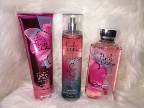 New Bath & Body Works Pink Chiffon Body Cream, Mist, Shower Gel 3 Set Free Ship