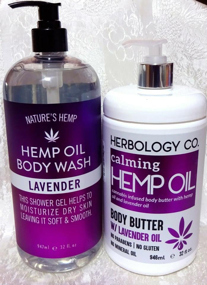 Hemp Oil BODY BUTTER w/ LAVENDER & Olive Oils + Shea Butter and BODY WASH 32 oz