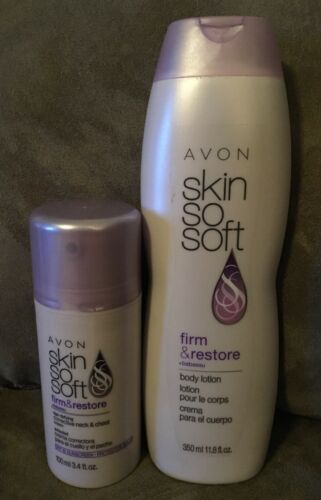 2~Avon Skin-so-soft~FIRM & RESTORE~11.8oz Body Lotion~&~Neck & Chest Cream 3.4oz