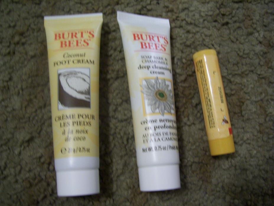 3 Burt's Bees products-lip balm, foot cream and deep cleansing cream-travel size