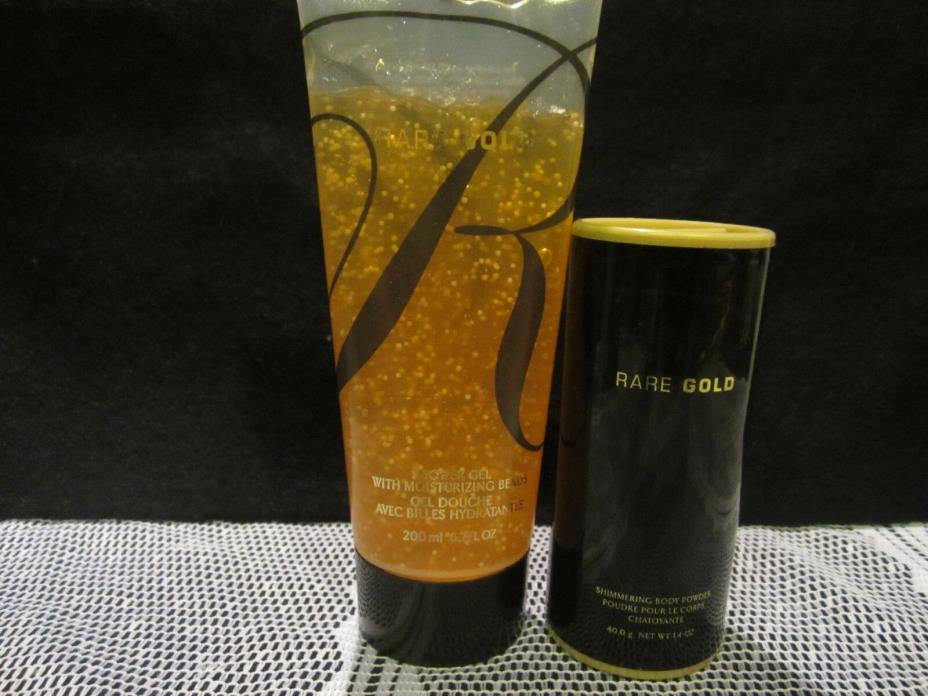 Avon RARE GOLD Shower Gel with moisturizing Beads 6.7 fl oz & Body Powder 1.4 oz
